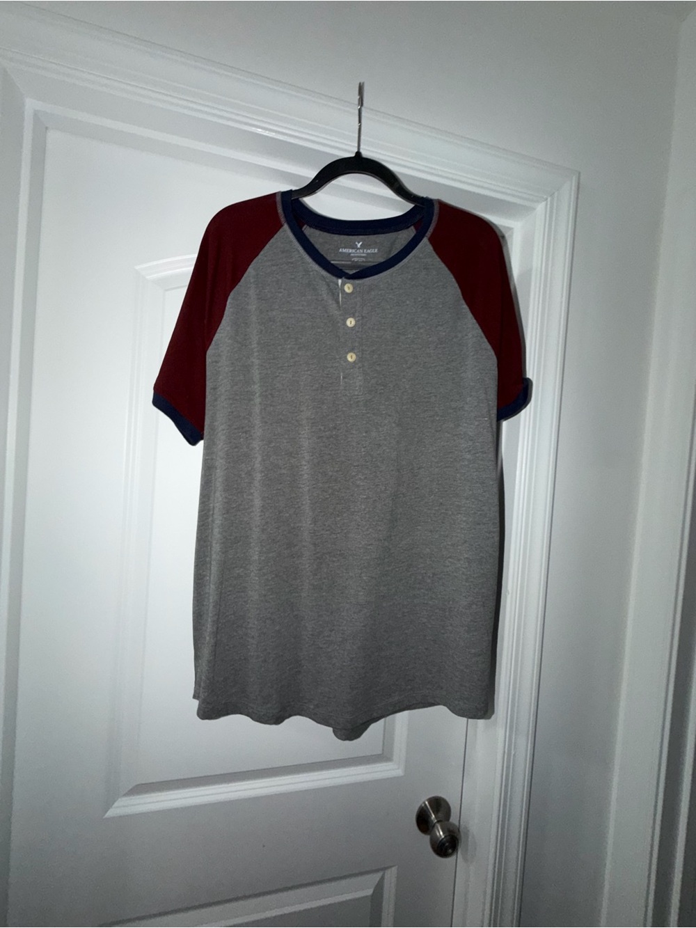 American Eagle Outfitters Grey Henley with Burgundy Raglan Sleeves